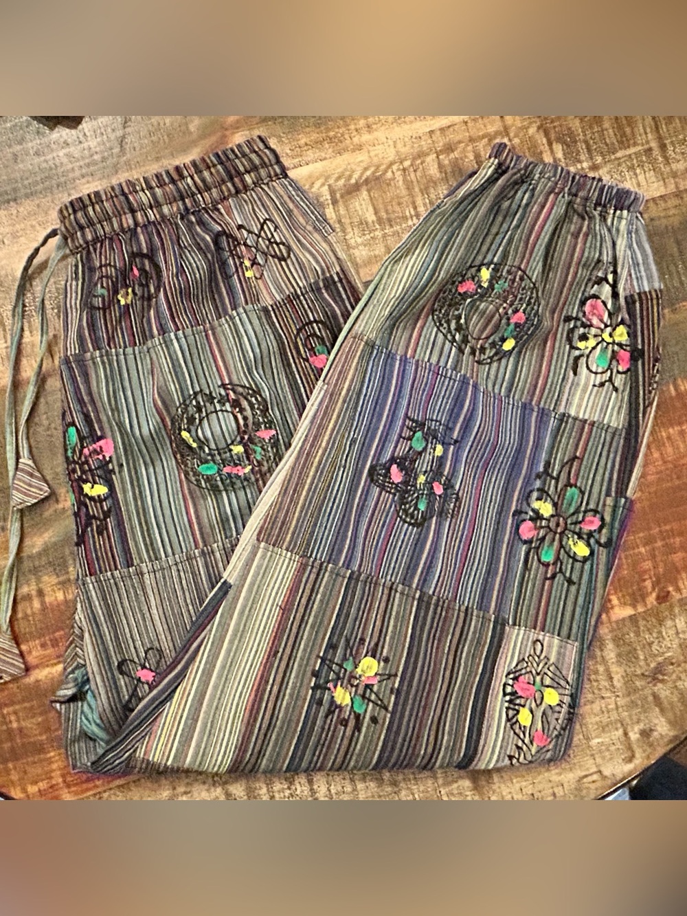 Boho Patchwork Wide-Leg Colorful Striped Harem Pants Cotton Folk Print Size L/XL - Picture 5 of 16
